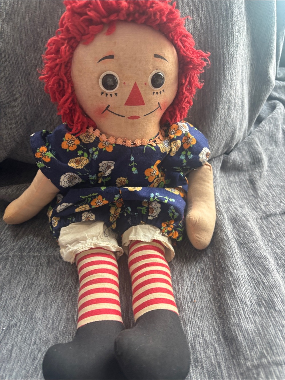 Vintage Red-Haired Rag Doll Plush Toy in Floral Dress - Kids Toys